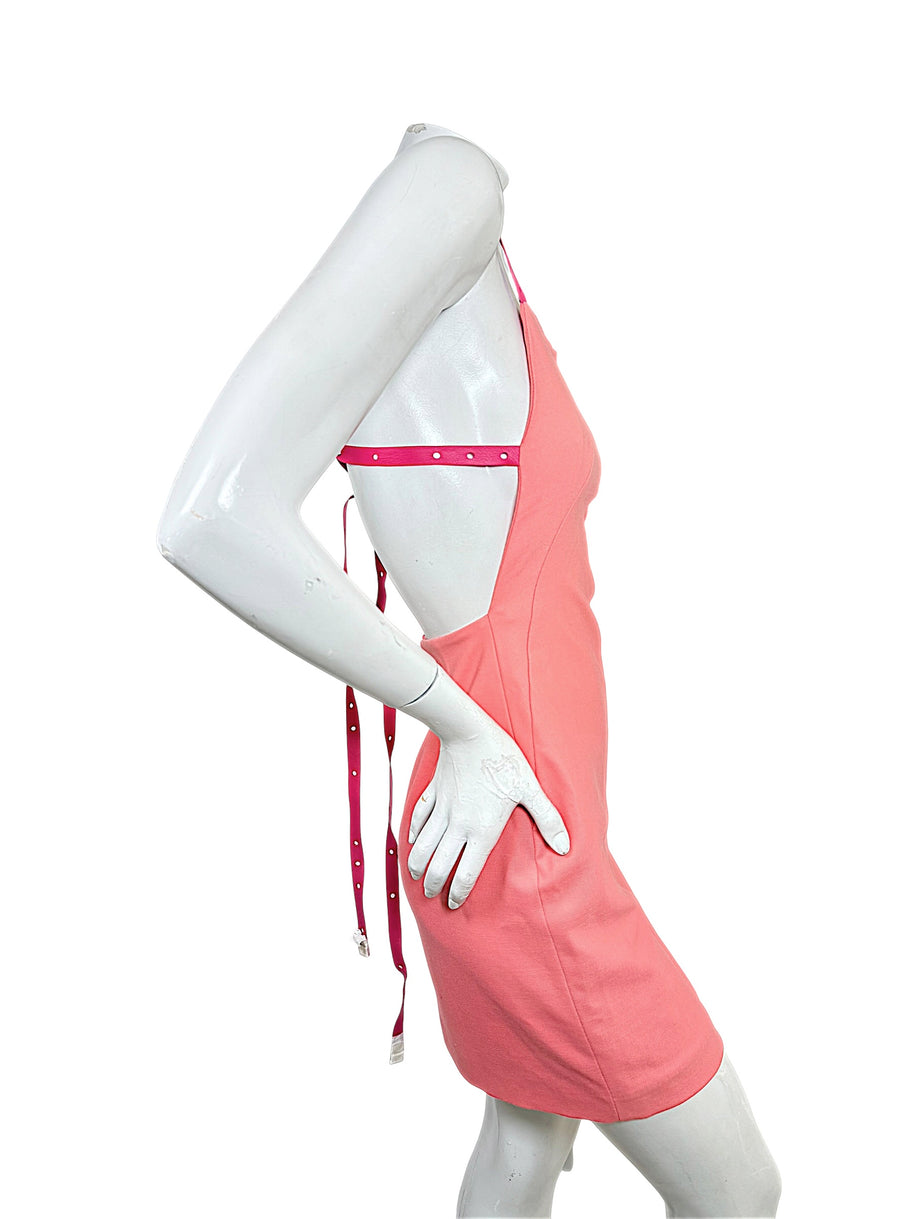 Off-White Virgil Abloh coral mini dress with open side and fuchsia leather harness straps