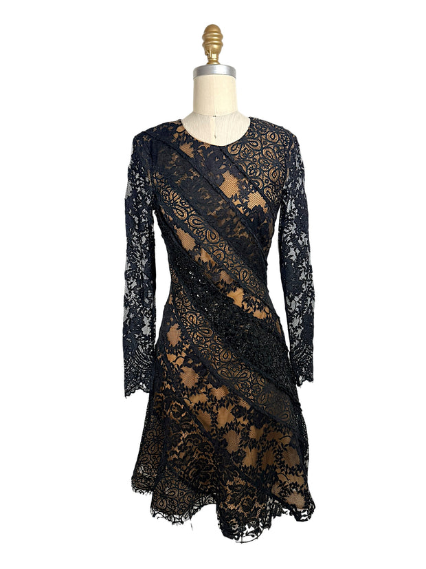 Oscar de la Renta 2014 runway lace dress front view black lace nude lining