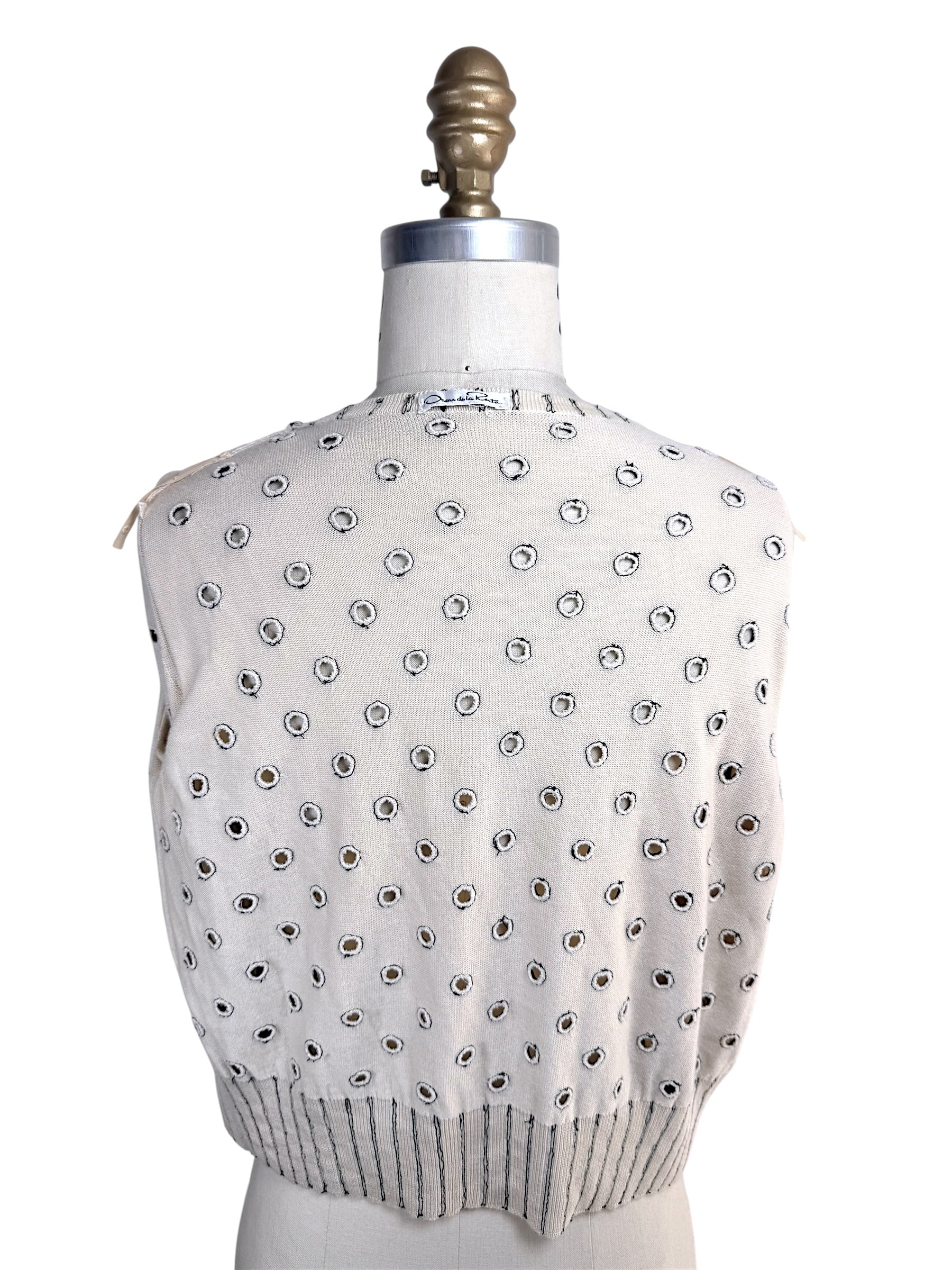 Interior back view of Oscar de la Renta ivory cardigan showing reverse side of embroidered polka dot detailing