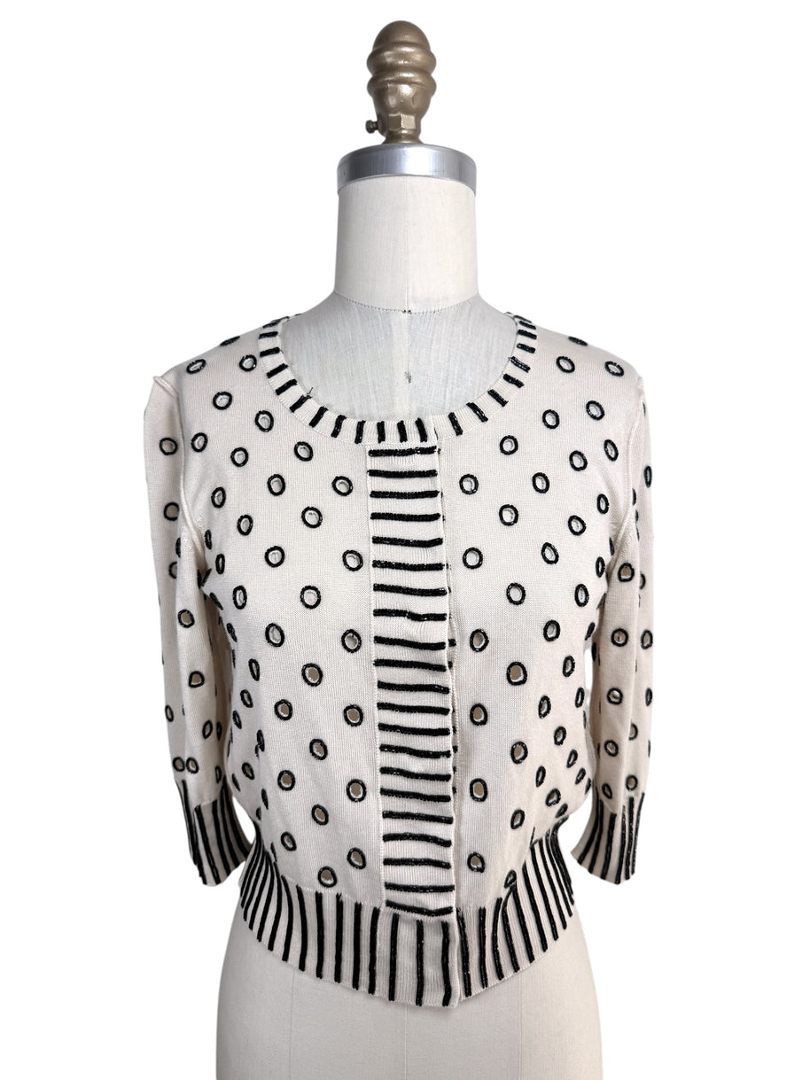 Oscar de la Renta ivory cardigan sweater with black beaded polka dot embroidery and striped trim front view