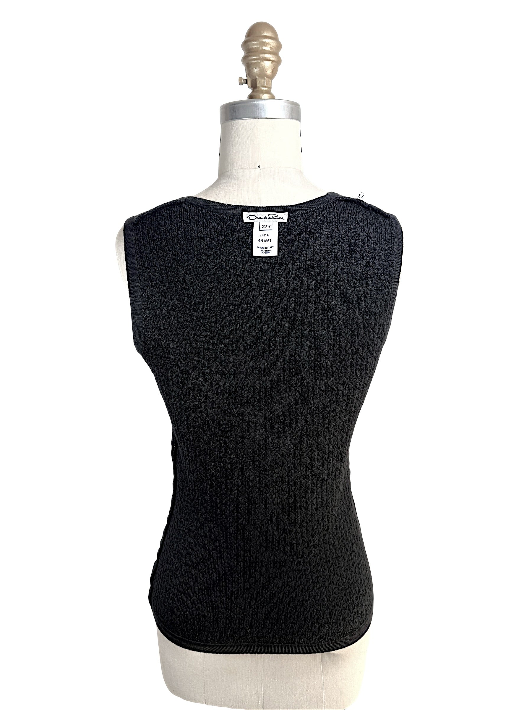Full back view of Oscar de la Renta black textured sleeveless wool knit shell top