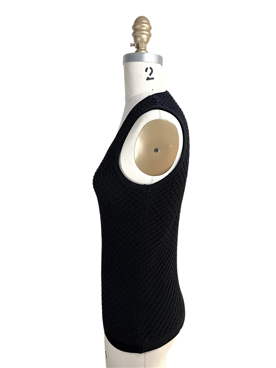 Left side profile of Oscar de la Renta black textured knit sleeveless shell top