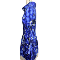 Opposite side profile of the Oscar de la Renta Pre-Fall 2014 abstract print dress showing the structured tailoring and softly flared skirt.