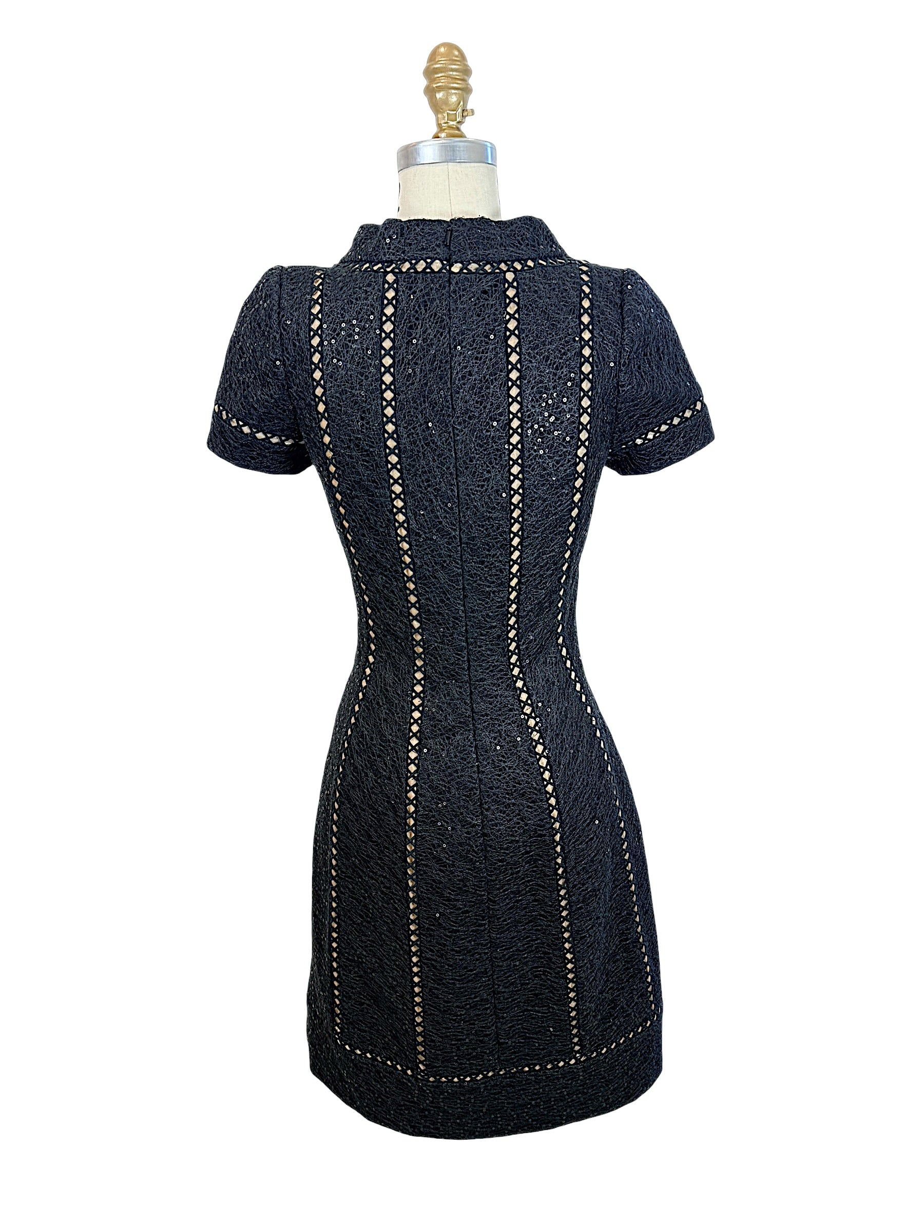 Oscar de la Renta Spring 2013 P13 black openwork sequin dress back full view with fitted waist and concealed zipper closure