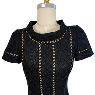 Oscar de la Renta Spring 2013 P13 black textured sequin dress bodice detail with lattice trim neckline and short sleeves
