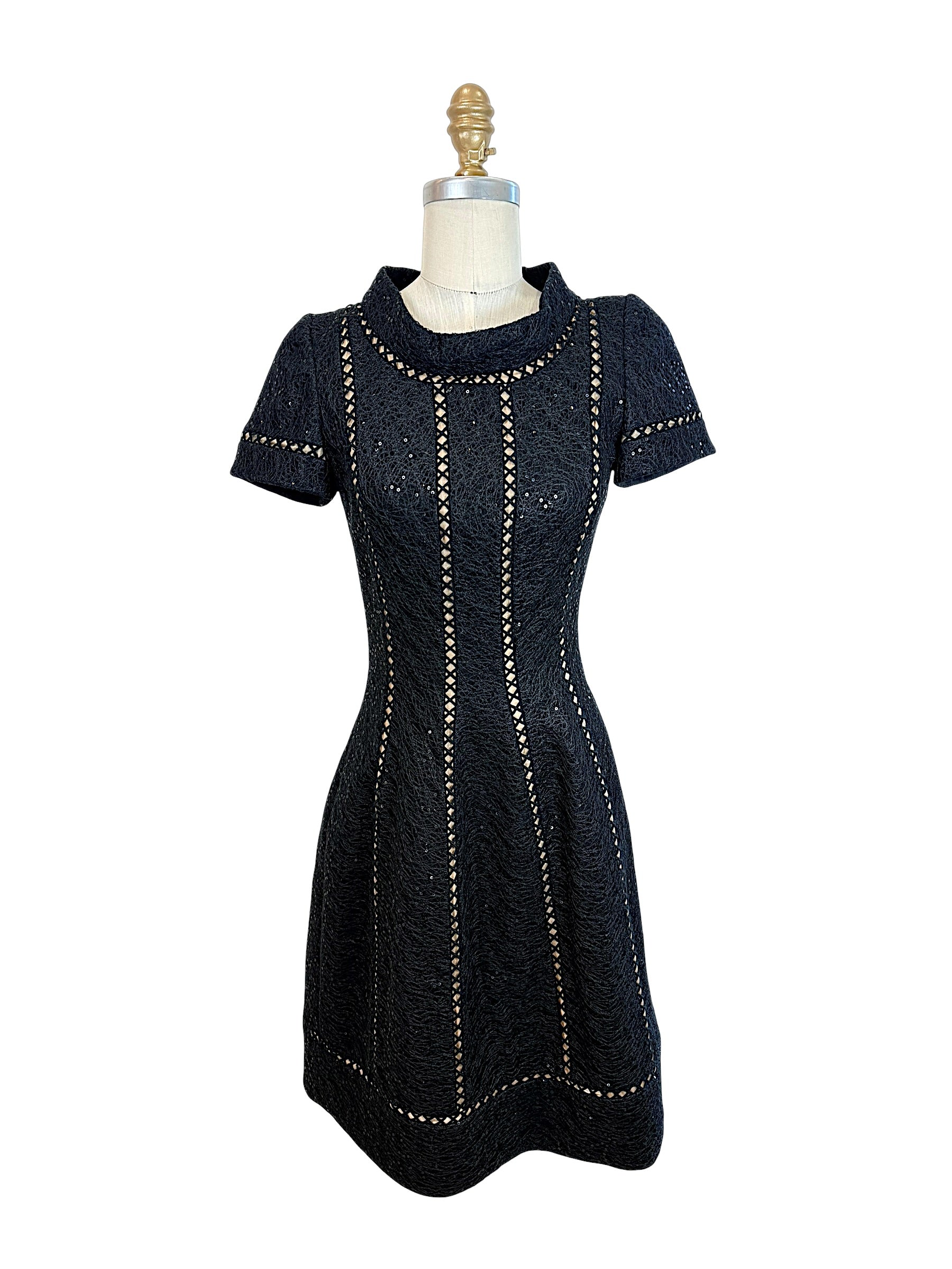 Oscar de la Renta Spring 2013 P13 black openwork textured sequin dress front full view fit and flare cocktail dress size 4