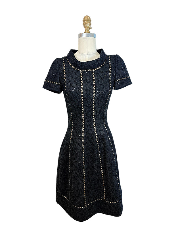 Oscar de la Renta Spring 2013 P13 black openwork textured sequin dress front full view fit and flare cocktail dress size 4