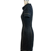 Oscar de la Renta Spring 2013 P13 black textured sequin cocktail dress left side profile with short sleeves and sculpted silhouette