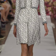 Oscar de la Renta Spring 2015 runway Look 19 model wearing tweed jacket and dress set