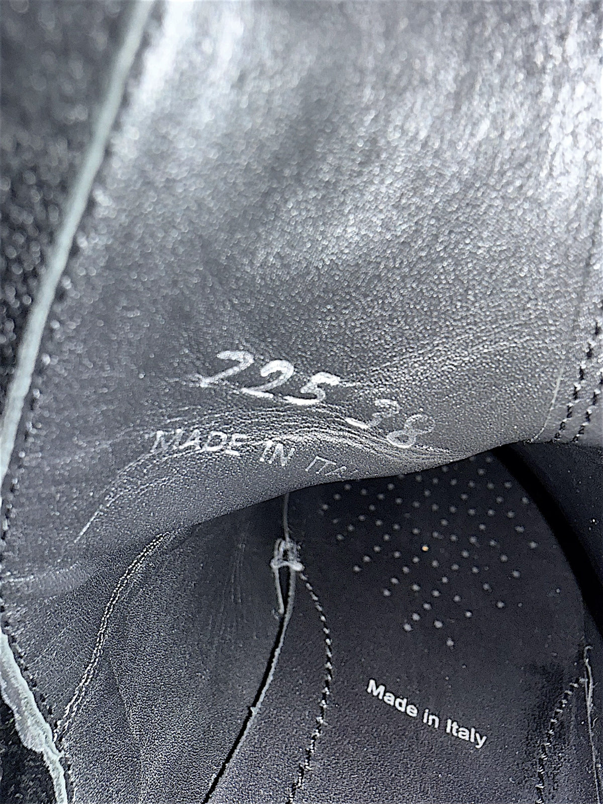Interior size and Made in Italy markings on Prada Monolith black leather Chelsea boot size 38