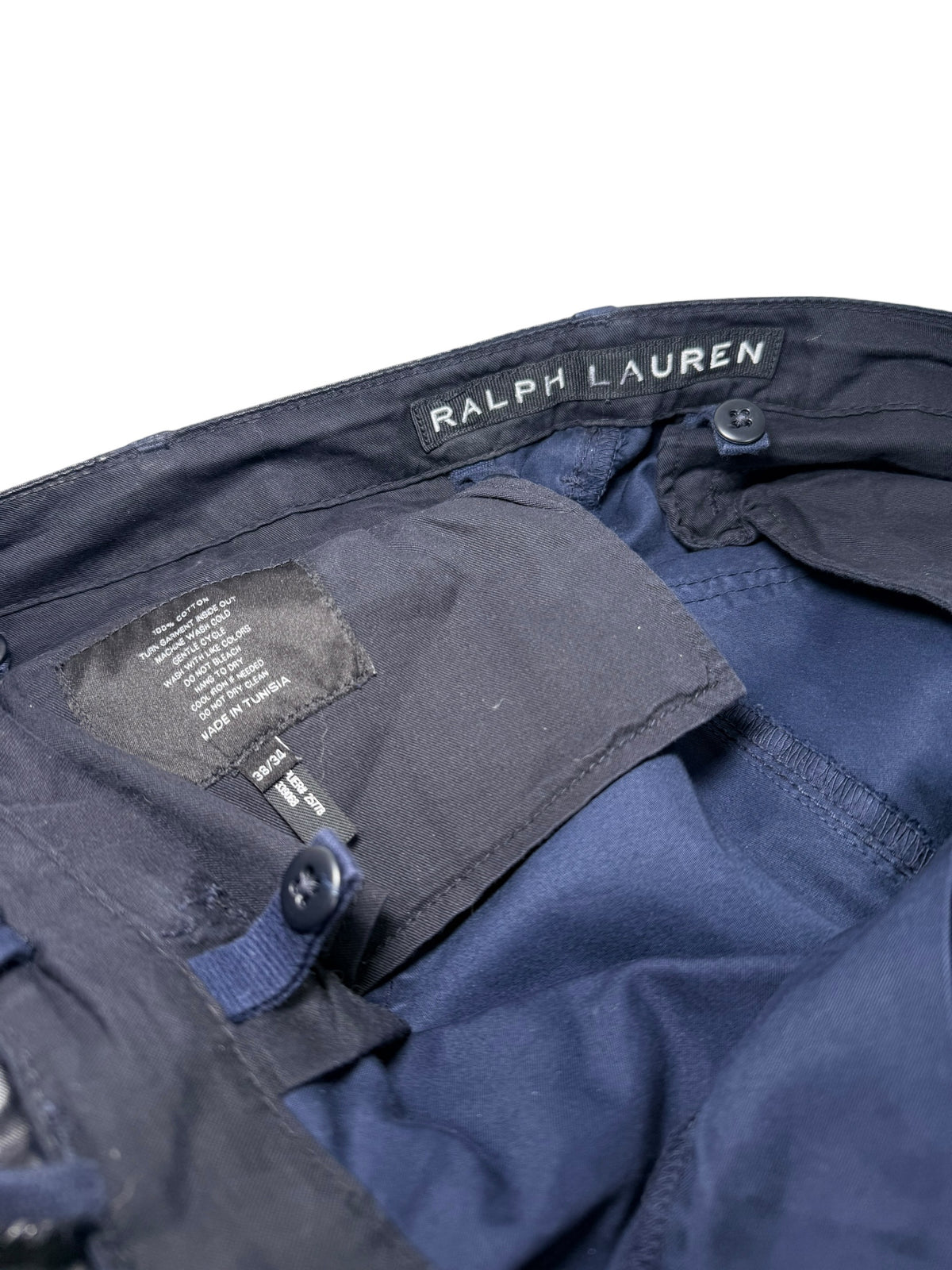 Ralph Lauren Black Label navy waxed cargo pants interior waistband and label