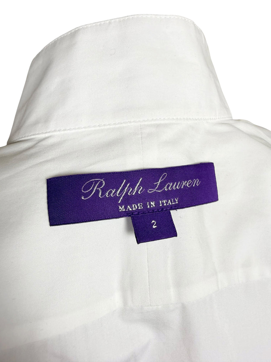 Ralph Lauren Purple Label designer neck label showing Made in Italy origin and women's size 2 inside the white tuxedo shirt.