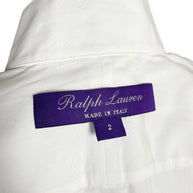Ralph Lauren Purple Label designer neck label showing Made in Italy origin and women's size 2 inside the white tuxedo shirt.