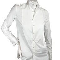 Angled front view of Ralph Lauren Purple Label women's white tuxedo shirt with elongated piqué bib, fitted silhouette and formal collar.
