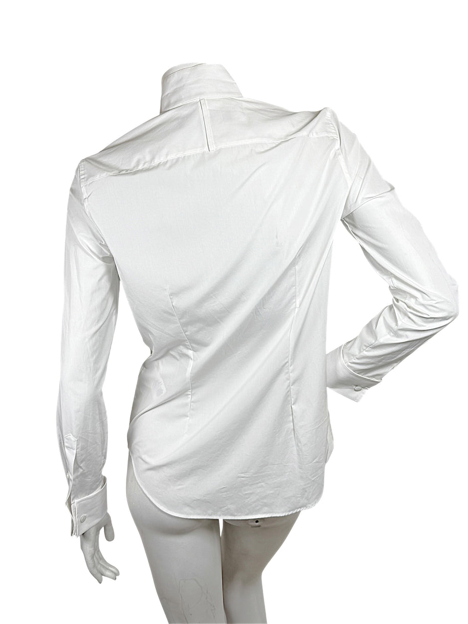 Rear view of Ralph Lauren Purple Label women's white cotton tuxedo shirt showing back shoulder yoke, fitted waist and curved shirttail hem.