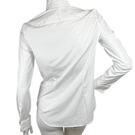 Rear view of Ralph Lauren Purple Label women's white cotton tuxedo shirt showing back shoulder yoke, fitted waist and curved shirttail hem.