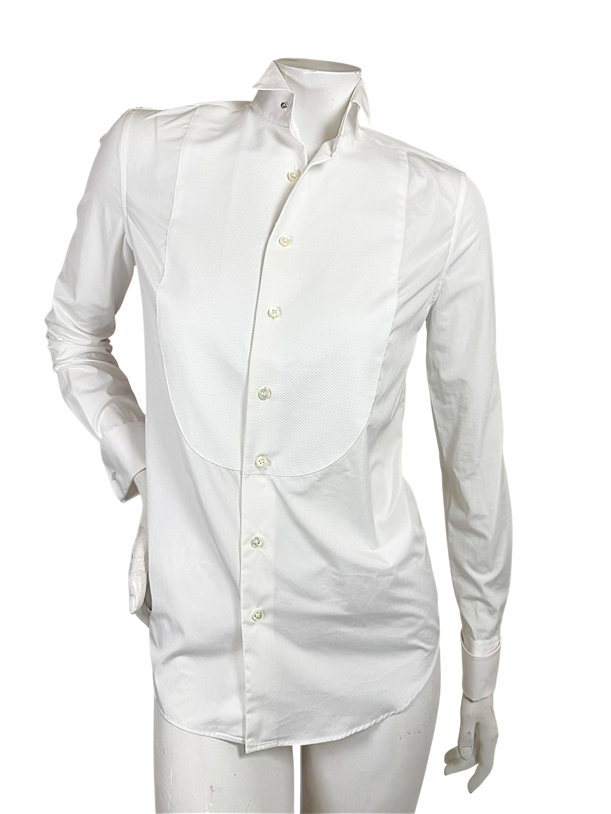 Ralph Lauren Purple Label women's white cotton tuxedo shirt size 2 with textured piqué bib, wingtip collar and long sleeves, front view.