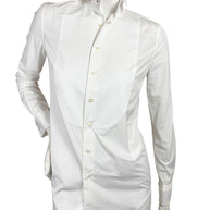 Ralph Lauren Purple Label women's white cotton tuxedo shirt size 2 with textured piqué bib, wingtip collar and long sleeves, front view.