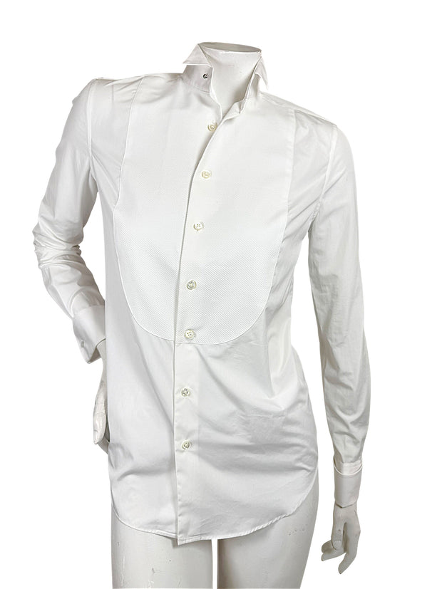 Ralph Lauren Purple Label women's white cotton tuxedo shirt size 2 with textured piqué bib, wingtip collar and long sleeves, front view.