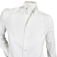 Close-up of Ralph Lauren Purple Label white tuxedo shirt showing the textured piqué bib, formal wingtip collar and front button closure.