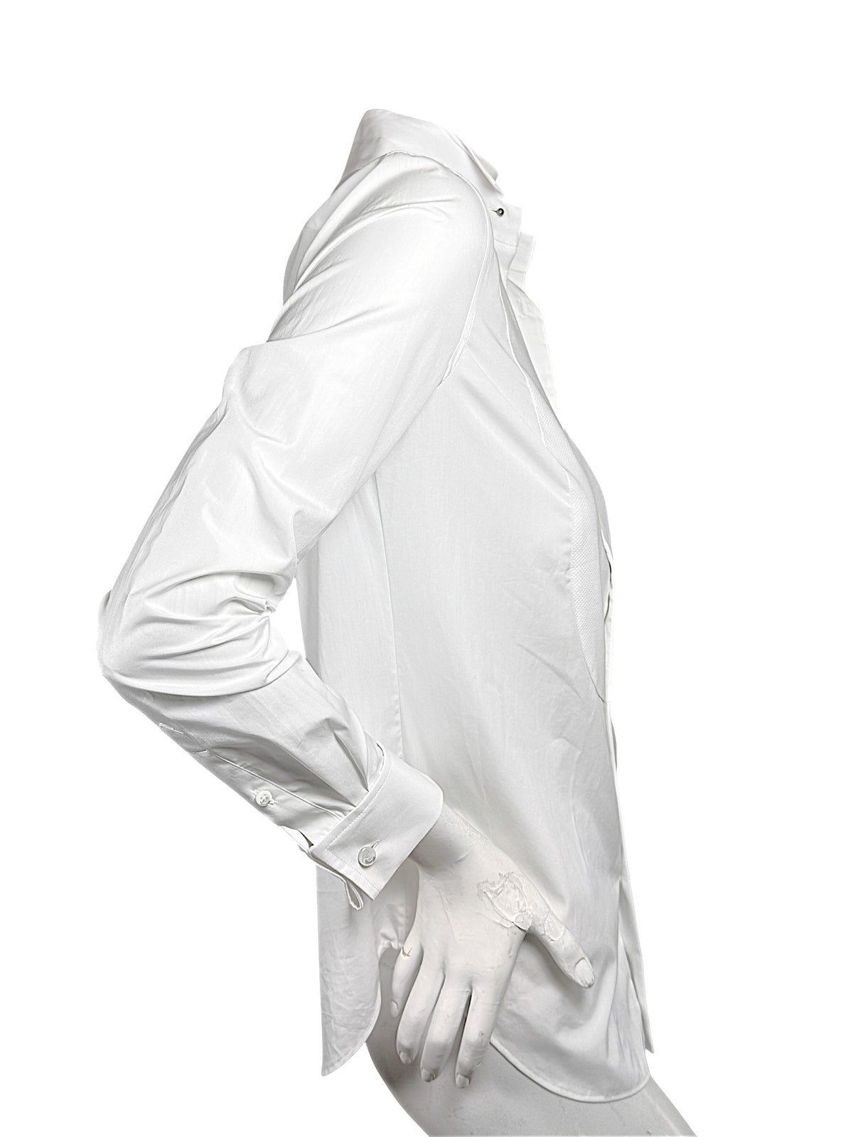 Side profile of Ralph Lauren Purple Label white cotton tuxedo shirt showing tailored waist, long sleeve and buttoned cuff.