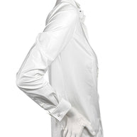 Side profile of Ralph Lauren Purple Label white cotton tuxedo shirt showing tailored waist, long sleeve and buttoned cuff.