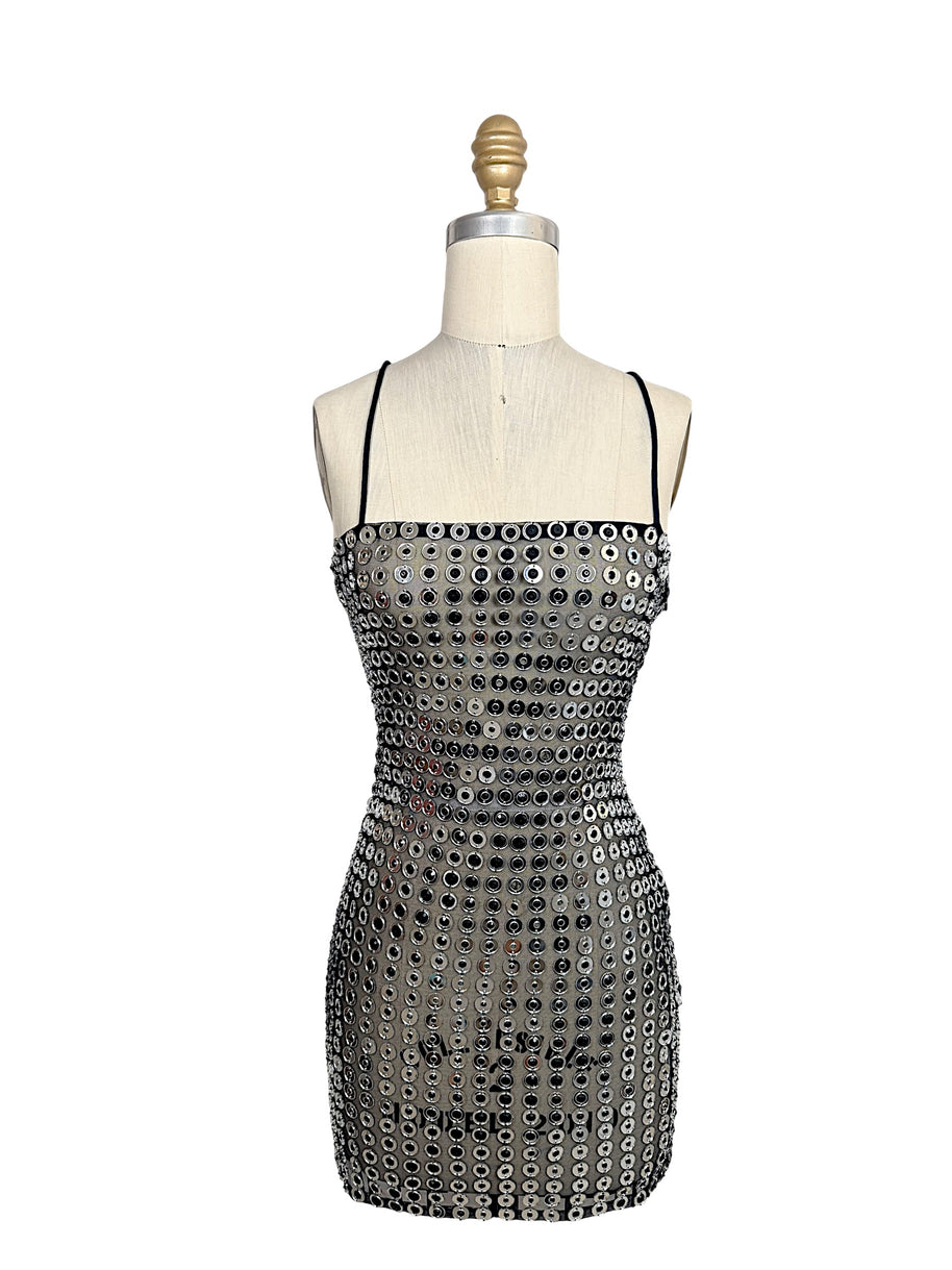 Retrofête Maddy black and silver mirrored disc embellished mini dress, front view on size 2 dress form