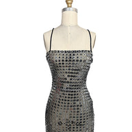 Retrofête Maddy black and silver mirrored disc embellished mini dress, front view on size 2 dress form