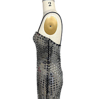 Opposite side view of Retrofête Maddy silver mirrored disc mini dress showing fitted bodycon silhouette