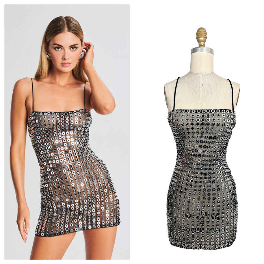 Retrofête Maddy black and silver mirrored disc mini dress shown on model alongside front view on size 2 dress form