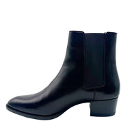 Opposite side profile of Saint Laurent Paris black leather Chelsea ankle boot showing elastic gusset, smooth leather upper and low heel.