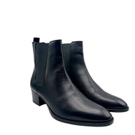 Pair of Saint Laurent Paris black leather Chelsea boots with elastic side gussets, almond-shaped toes and stacked block heels.