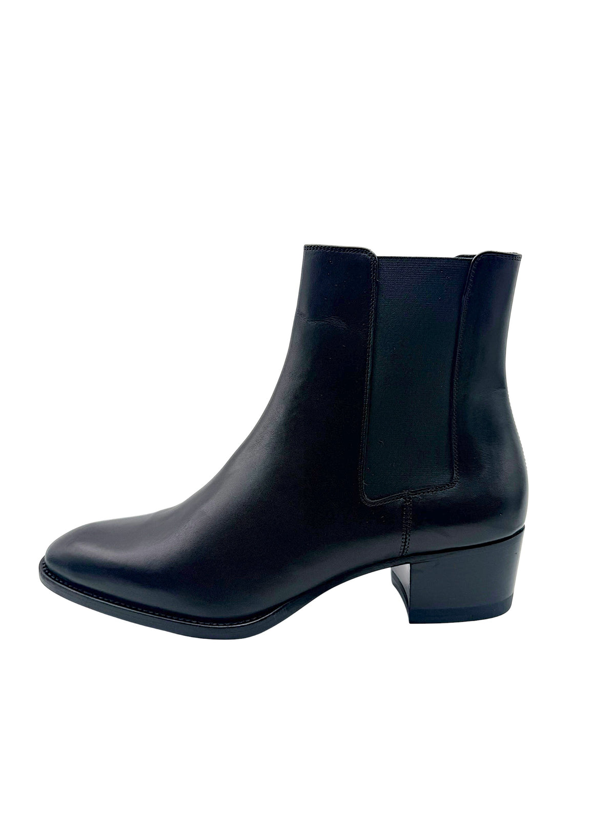 Reverse side view of Saint Laurent Paris women's black leather Chelsea ankle boot with almond-shaped toe and elastic side panel.