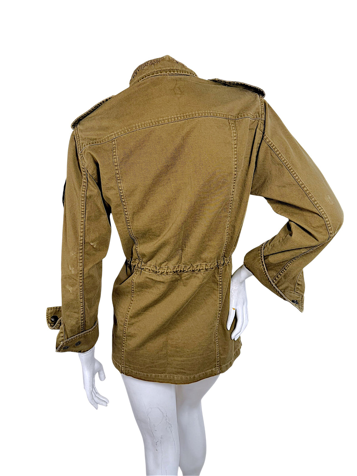 Rear view of Saint Laurent Paris olive green military jacket showing back panel seams, gathered waist and long sleeves
