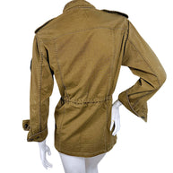 Rear view of Saint Laurent Paris olive green military jacket showing back panel seams, gathered waist and long sleeves