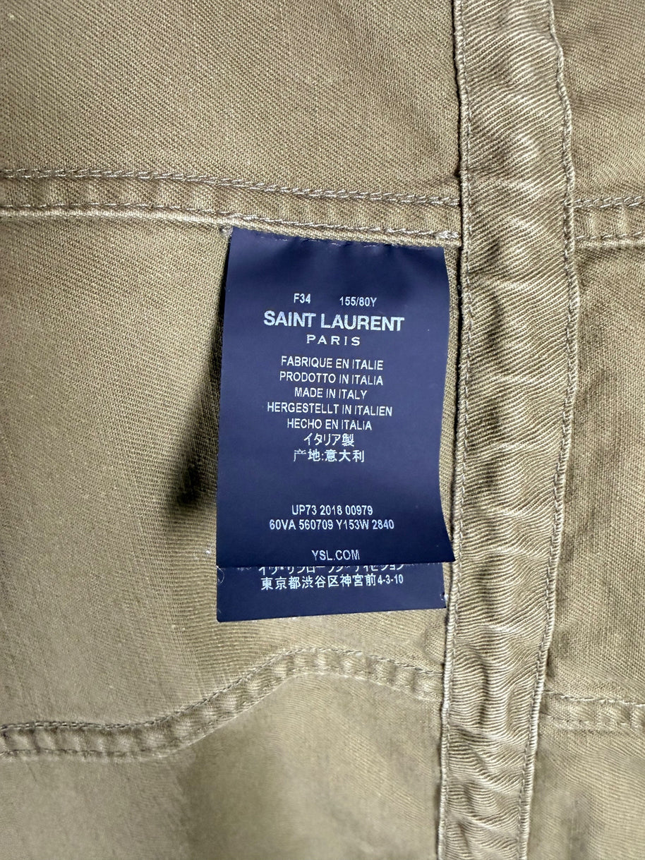 Saint Laurent Paris military jacket interior authenticity details showing French size 34, Made in Italy label and product reference 560709 Y153W.