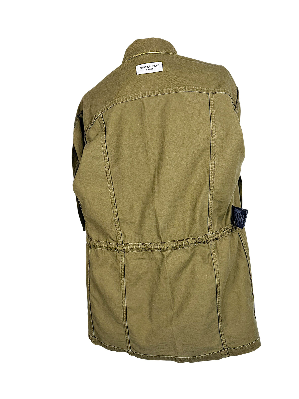 Interior back view of Saint Laurent Paris olive green military jacket showing designer label, panel stitching and gathered waist construction.