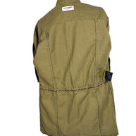 Interior back view of Saint Laurent Paris olive green military jacket showing designer label, panel stitching and gathered waist construction.