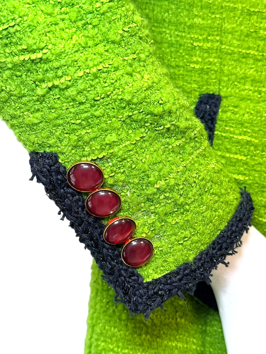 Saint Laurent green tweed jacket cuff with black trim and red buttons