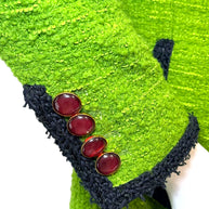 Saint Laurent green tweed jacket cuff with black trim and red buttons
