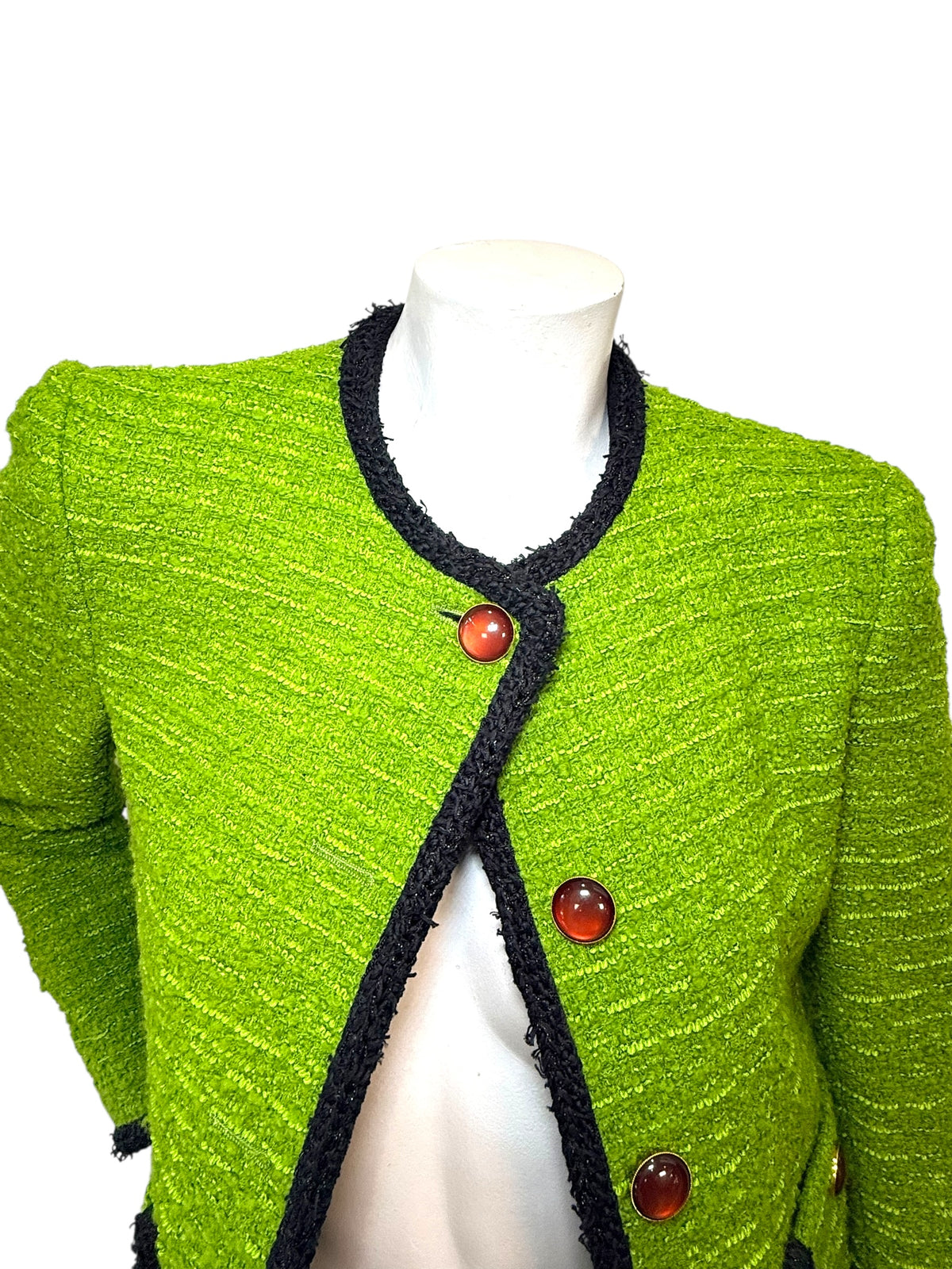 Saint Laurent green tweed jacket front neckline and black trim detail
