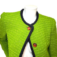 Saint Laurent green tweed jacket front neckline and black trim detail