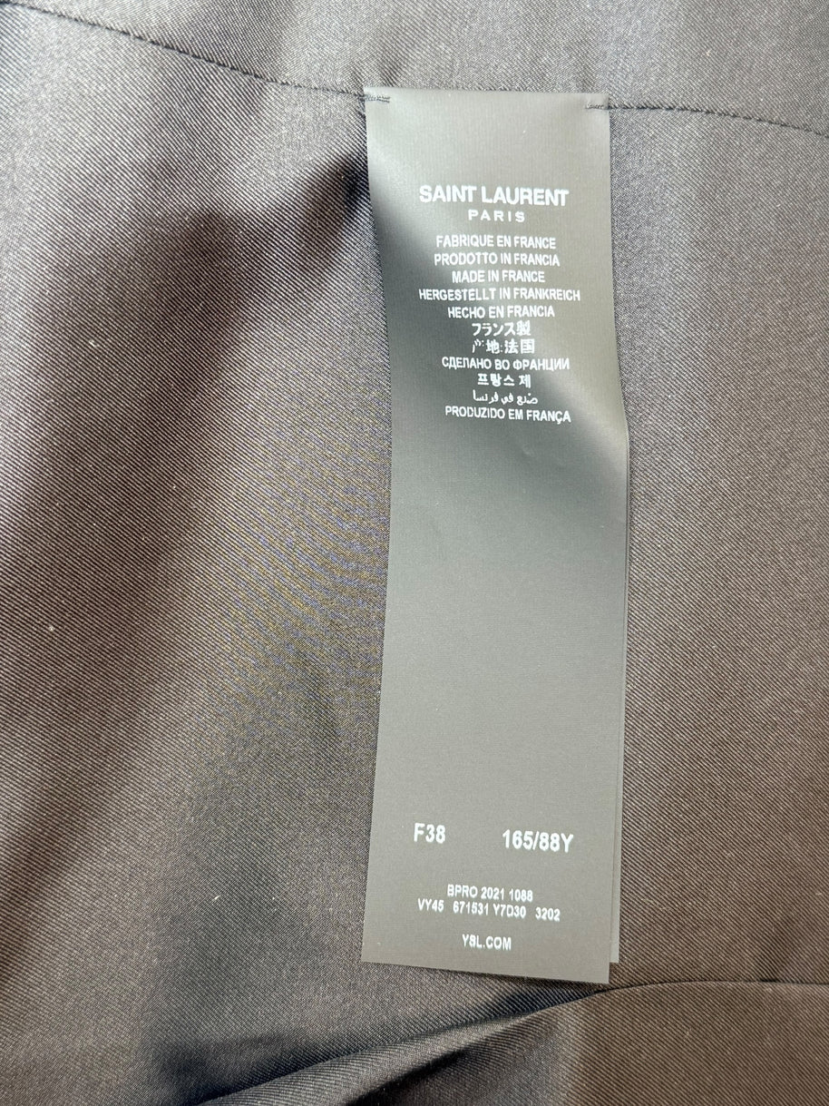 Saint Laurent green tweed jacket interior hang tag detail