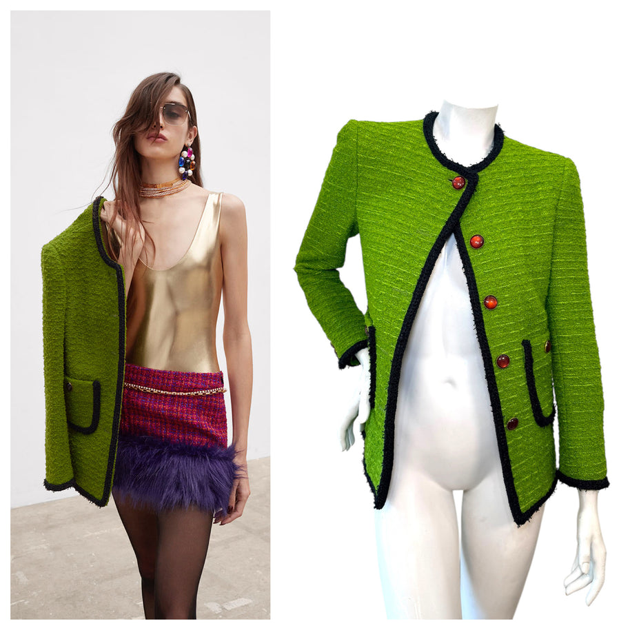 Saint Laurent green tweed jacket shown on runway and mannequin