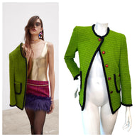 Saint Laurent green tweed jacket shown on runway and mannequin
