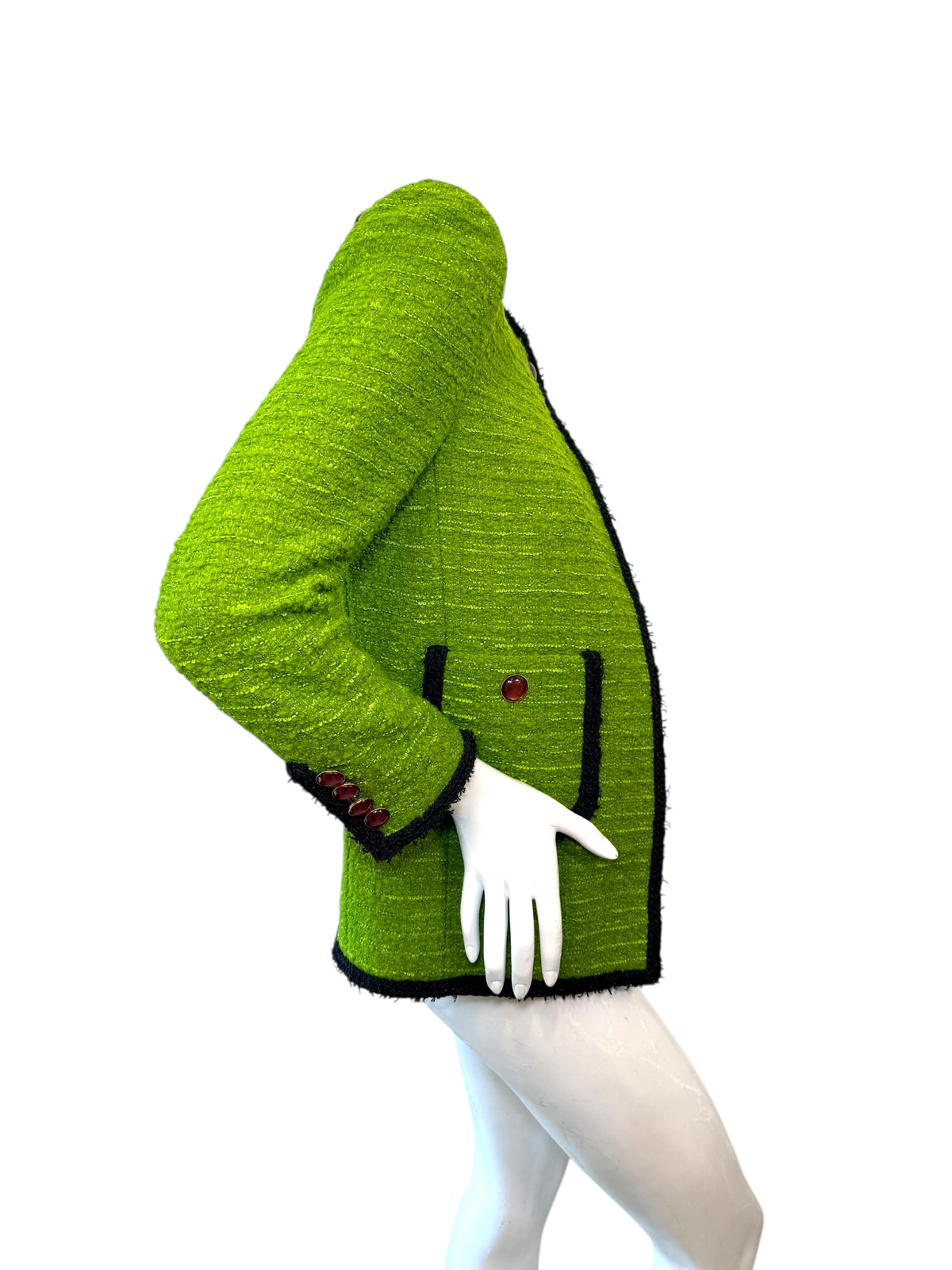 Saint Laurent green tweed jacket side view showing tailored silhouette