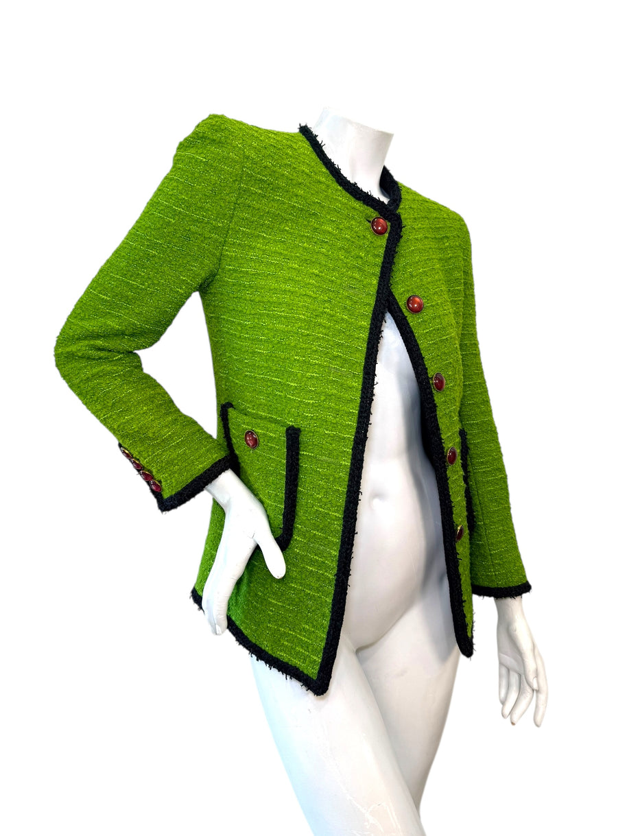 Saint Laurent green tweed jacket three-quarter view with black trim