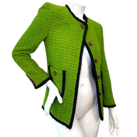 Saint Laurent green tweed jacket three-quarter view with black trim