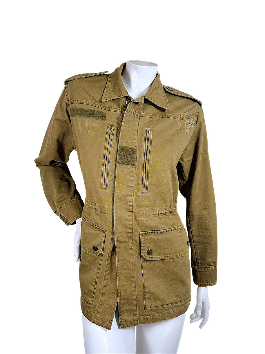 Saint Laurent Paris olive military jacket with cinched waist, distressed shoulder details and two snap-fastened lower pockets