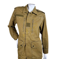 Saint Laurent Paris olive military jacket with cinched waist, distressed shoulder details and two snap-fastened lower pockets